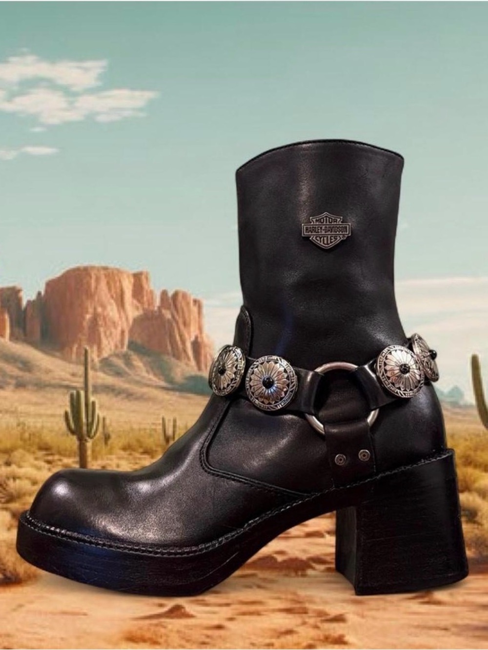 🌵Vintage Harley Davidson Chunky Platform Boots w/ Custom Concho Harnesses🌵